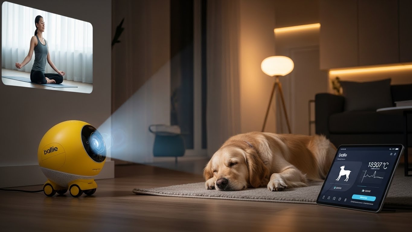 Samsung Ballie projecting a yoga video on the living room wall while monitoring a sleeping dog nearby, smart home concept