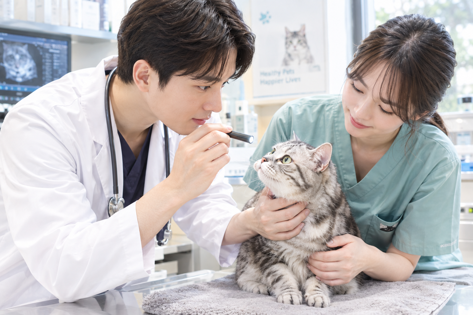 동물병원에서 검진을 받는 노령 고양이