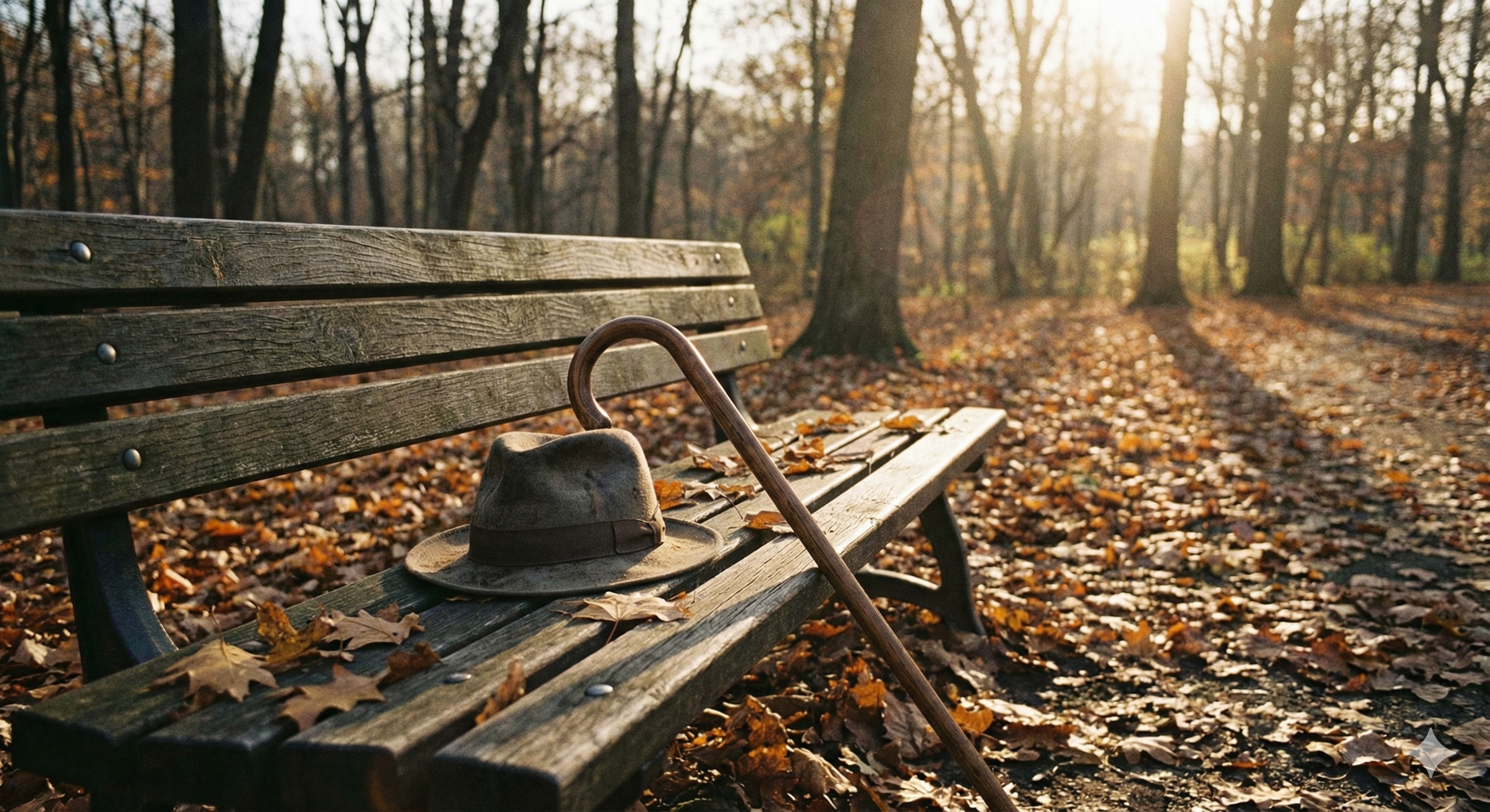 텅 빈 공원 벤치에 중절모와 지팡이가 놓여 있고, 늦가을의 따스하면서도 쓸쓸한 햇살이 비치는 감성적인 정물 사진.