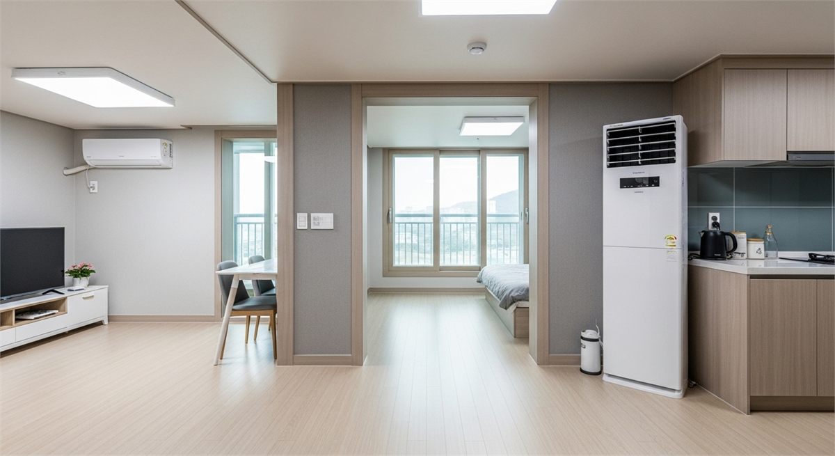 집 안에서 벽걸이형과 스탠드형 에어컨이 함께 보이는 비교 장면 