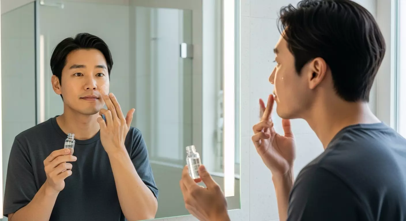 남자가 피부관리 제품을 바르고 있는 장면