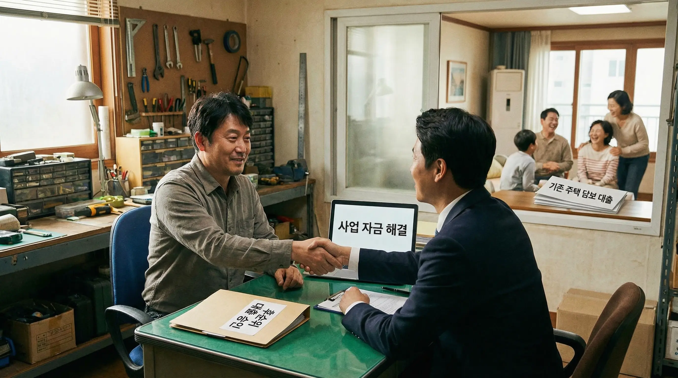 기존 주택 담보 대출을 유지하면서 후순위 대출로 추가 자금을 확보하여 사업 자금난을 해결하는 모습