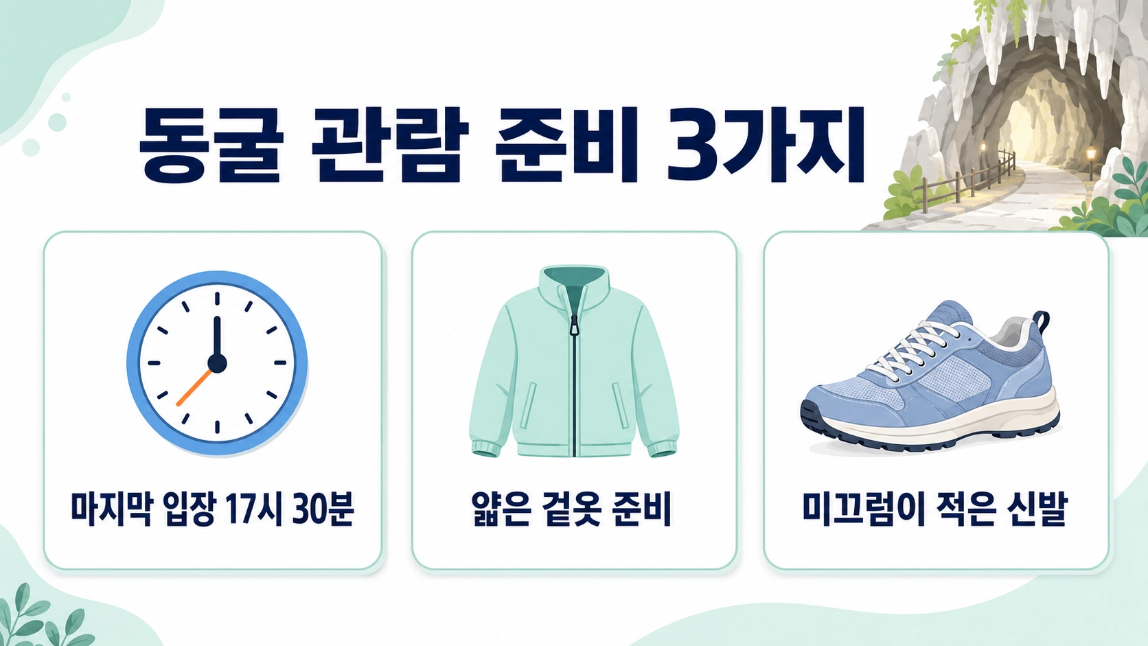 천곡황금박쥐동굴의 마지막 입장 시간과 얇은 겉옷, 미끄럼 방지 신발 준비를 정리한 이미지