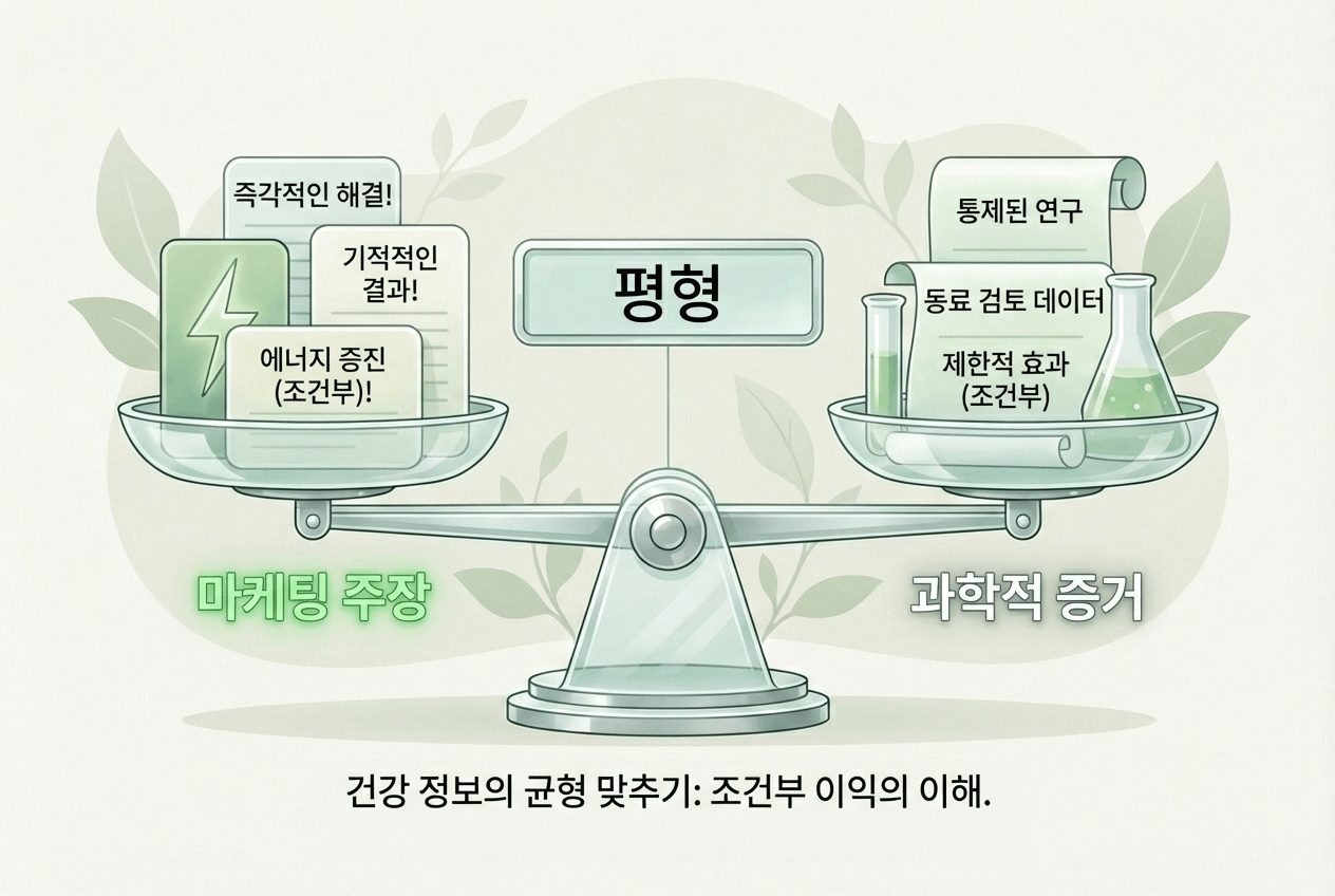 콜라겐 영양제 현실적 기대치 균형 저울 일러스트