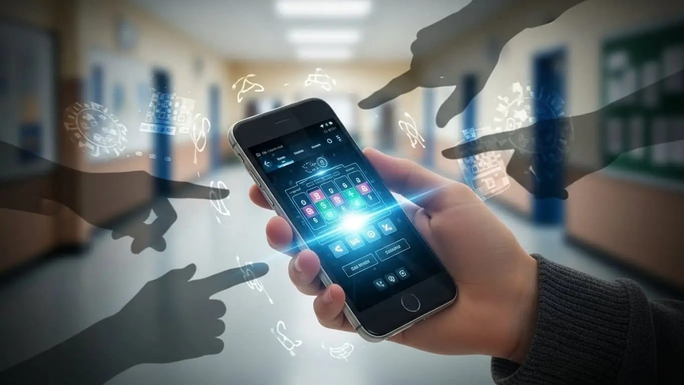 청소년의 손에 들린 스마트폰 화면에 유혹적인 불법 도박 사이트가 보이고, 주변에는 또래 압력과 빚을 암시하는 어두운 그림자가 드리워진 모습.