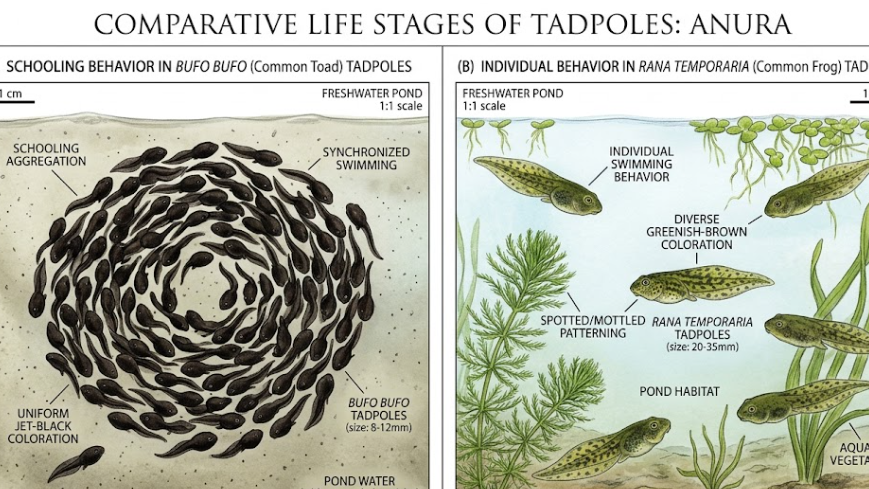 두꺼비 올챙이와 개구리 올챙이의 특징 및 군집 형태 비교