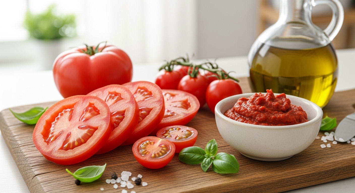 잘 익은 붉은 토마토와 올리브 오일, 토마토 페이스트가 놓인 나무 도마. 라이코펜이 풍부한 재료들.