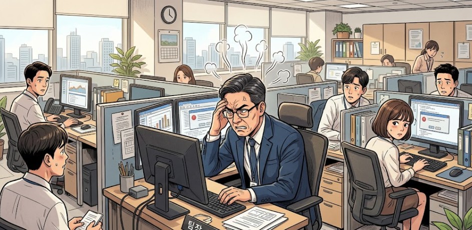 자리에 앉자마자 모니터를 노려보며 연거푸 깊은 한숨을 내쉬는 팀장과 눈치보는 직원들