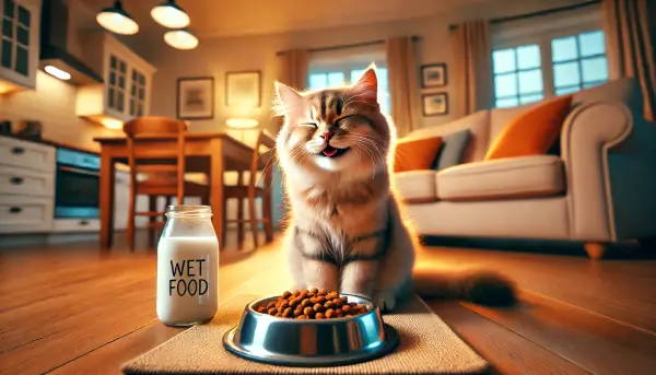 고양이가 따뜻한 집 안에서 편안하게 습식 사료를 먹으며 기분 좋아하는 모습을 묘사한 이미지