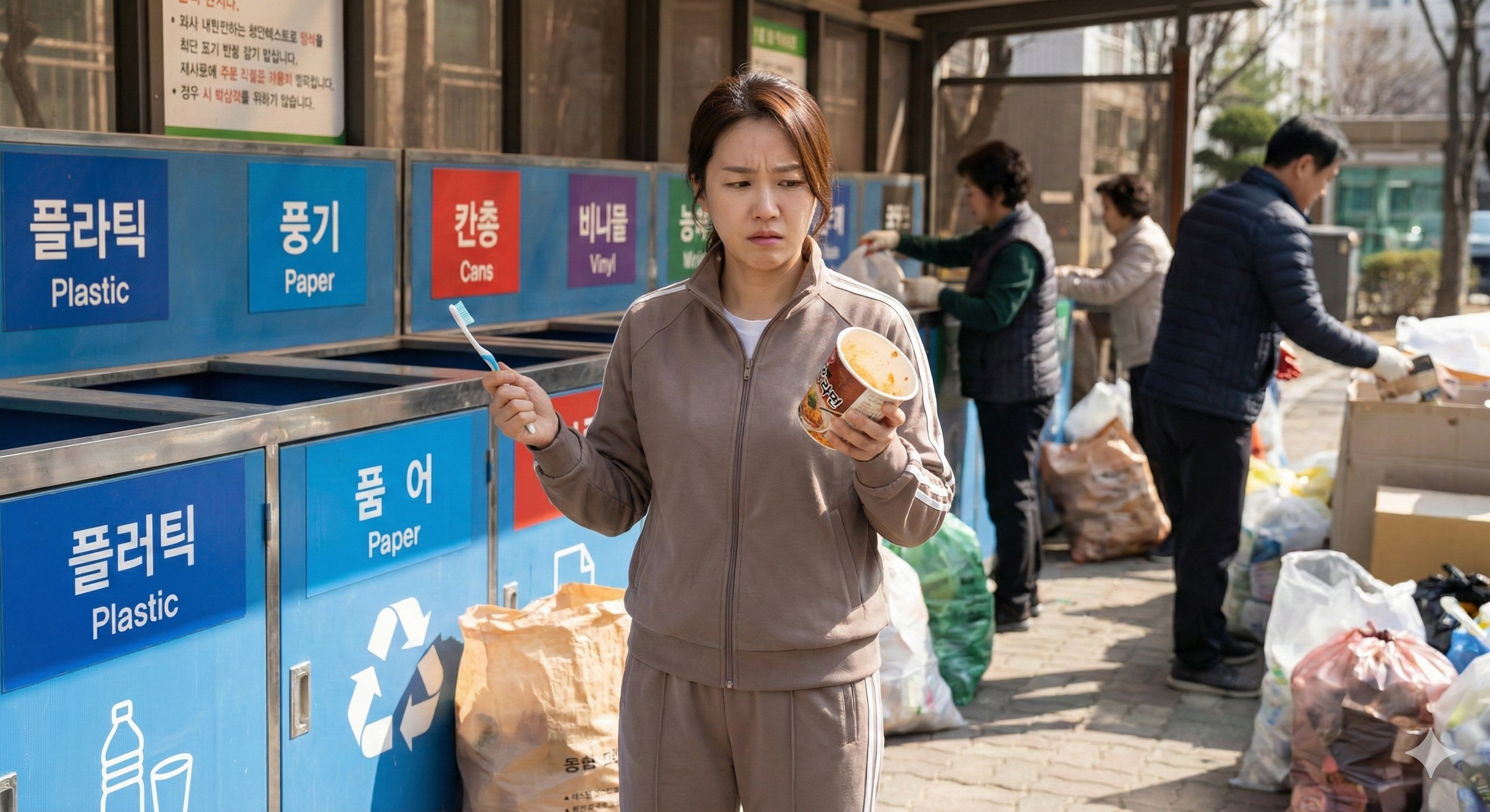 분리수거함 앞에서 칫솔과 컵라면 용기를 들고 고민하는 사람의 모습