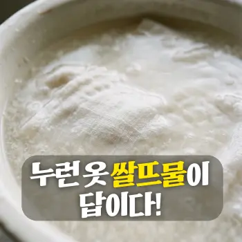 누런 옷 쌀뜨물이 답이다!
뿌연 쌀뜨물이 담긴 대야 속에 하얀 면 섬유가 잠겨 있고, 그 주변으로 전분 입자의 뽀얀 질감이 강조된 **초밀착 클로즈업(Extreme Close-up)**.