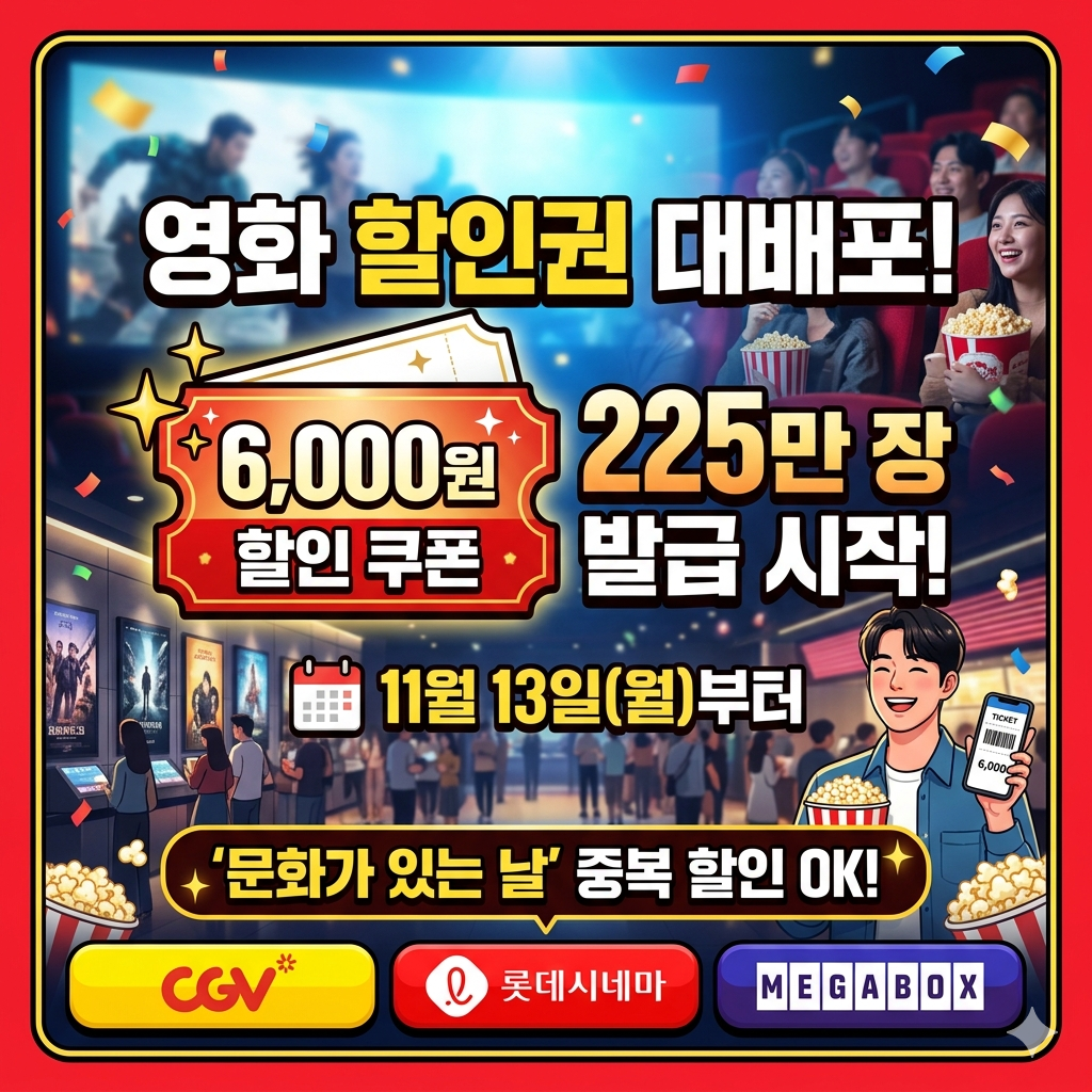 영화 할인권 배포: 13일부터 6000원 쿠폰 225만장 발급! 문화가있는날 중복 할인 꿀팁 (CGV&middot;롯데시네마&middot;메가박스)