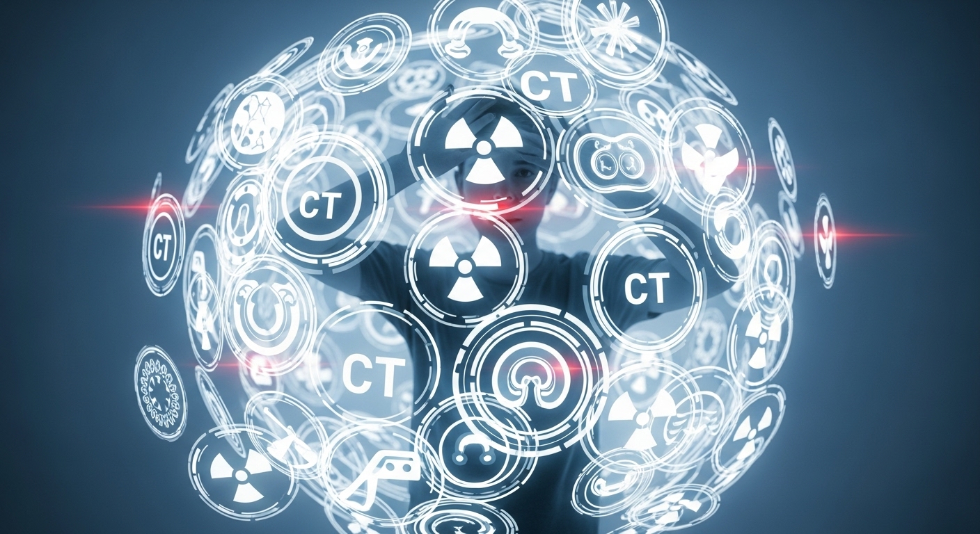 사람이 여러 의료 기기 이미지와 방사선 기호에 둘러싸여 불안해하는 모습으로, 과도한 검진의 위험성을 시사한다.