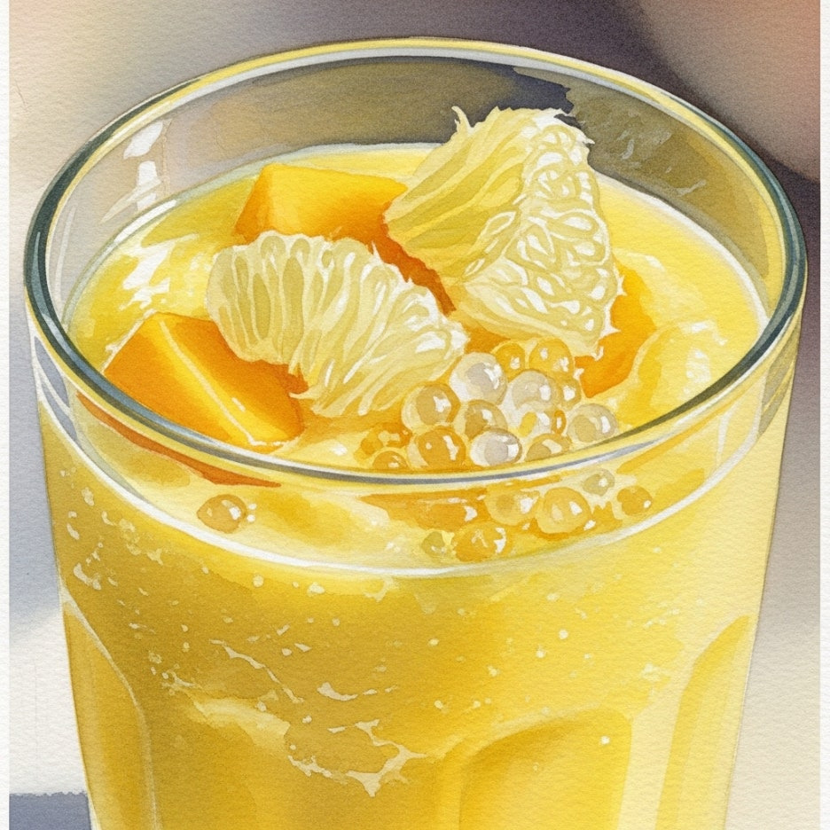 신선한 망고와 포멜로가 담긴 시원한 음료의 모습