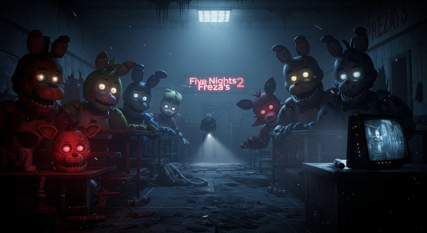 <프레디의 피자가게 2>의 어둡고 섬뜩한 분위기를 담은 영화 포스터. 그림자가 드리워진 피자 가게 안에 프레디를 비롯한 애니마트로닉스들의 빛나는 눈들이 보이며 공포스러운 긴장감을 자아낸다.