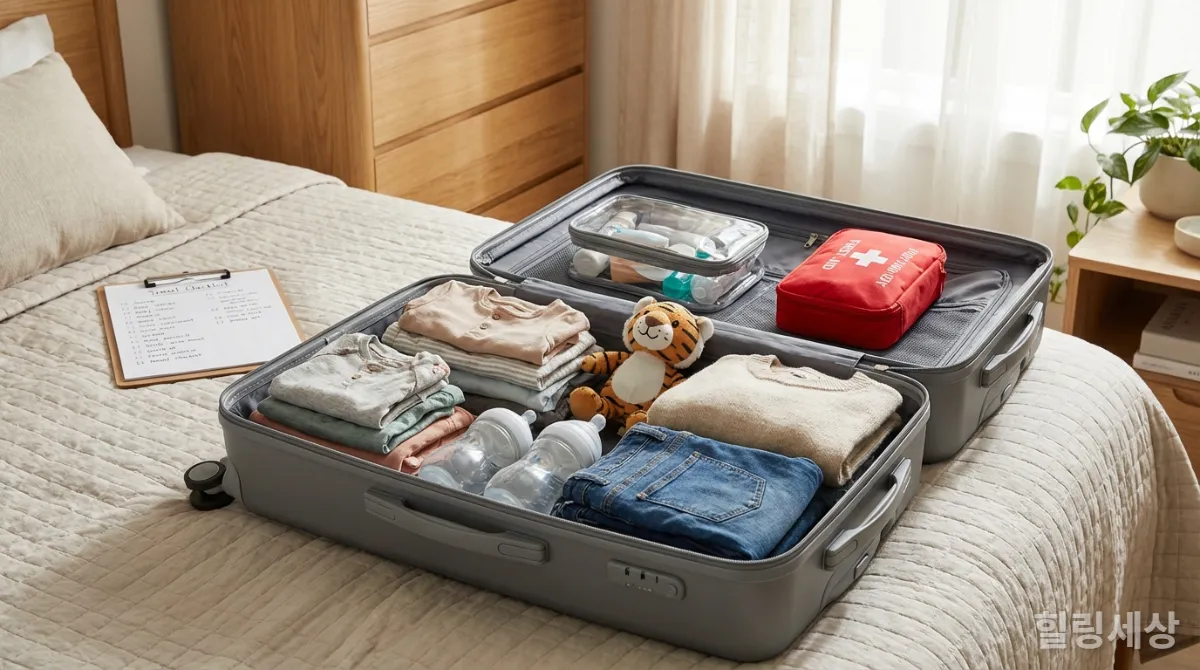 한국 가족 여행을 위한 짐이 깔끔하게 정리된 여행 가방