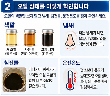 오일 색깔만 보지 말고 냄새&middot;침전물&middot;온도를 함께 확인합니다