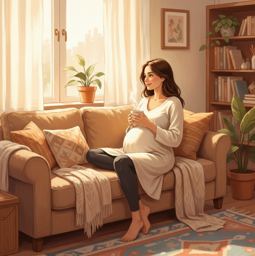 임산부가 편안한 레깅스를 입고 소파에 앉아 여유롭게 차를 마시는 모습. 따뜻한 햇살이 들어오는 거실 배경