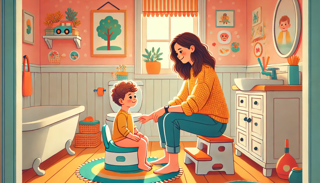 엄마와 아기가 함께 배변훈련 하는 모습