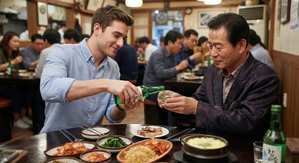 An image of pouring alcohol to an elder with both hands.