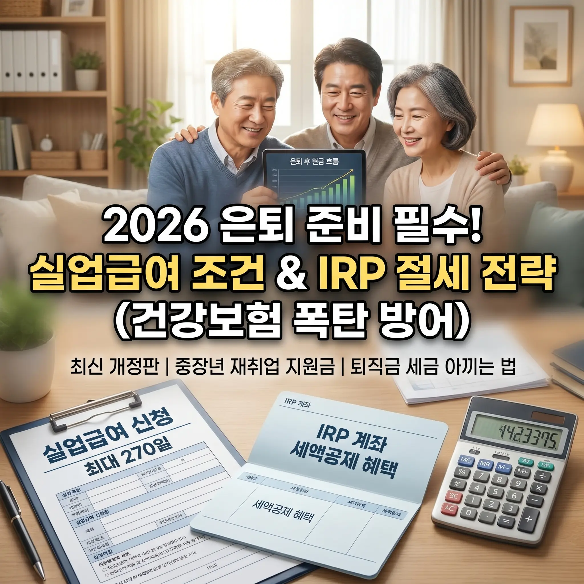 2026년 은퇴 준비를 위한 실업급여 수급 조건과 IRP 퇴직연금 절세 전략 가이드 썸네일. 거실에서 시니어 부부와 전문가가 태블릿의 현금 흐름 그래프를 보며 웃고 있는 배경 위에, 실업급여 최대 270일 신청 서류, IRP 계좌 세액공제 통장, 계산기 일러스트가 배치된 고품질 이미지.