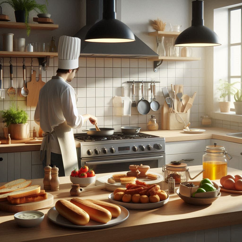 청결한 주방에서 요리하는 모습