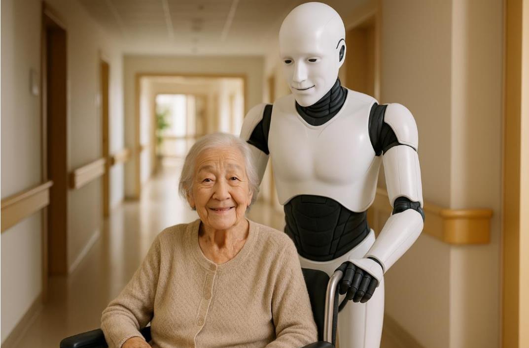 휠체어를 미는 고령화 사회 돌봄 로봇