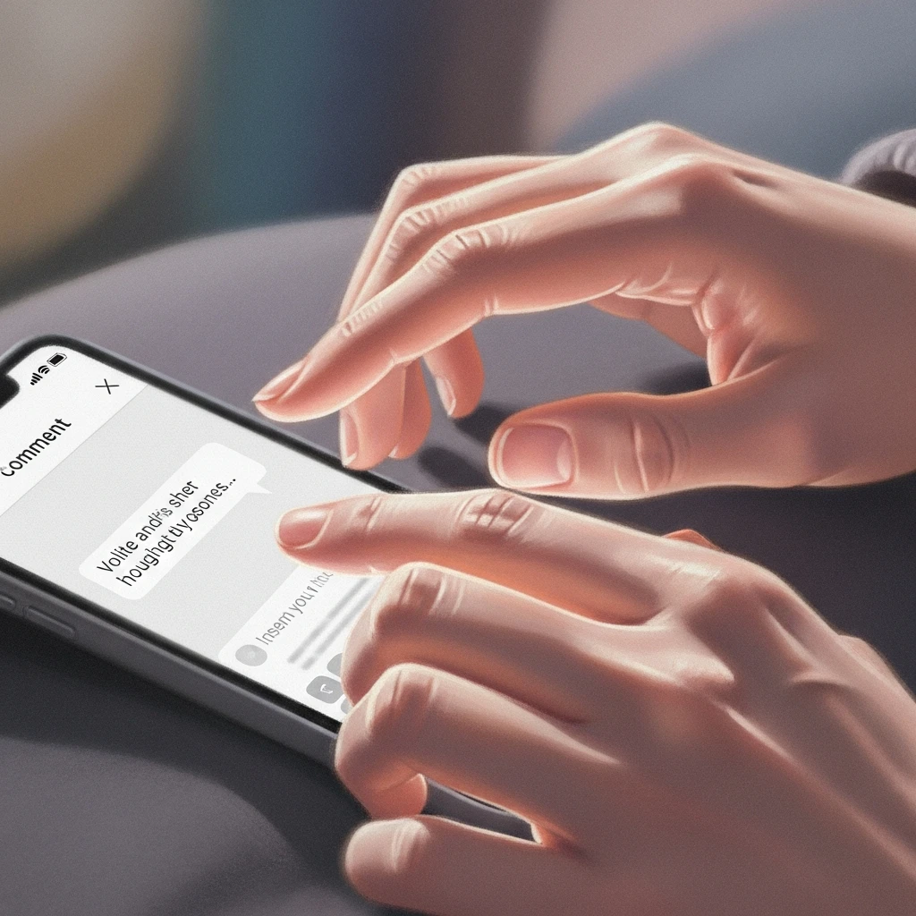 휴대폰에 댓글 입력하는 손