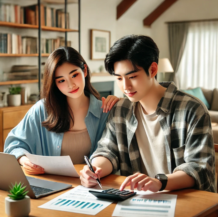 집에서 금융 계획을 세우는 젊은 커플
