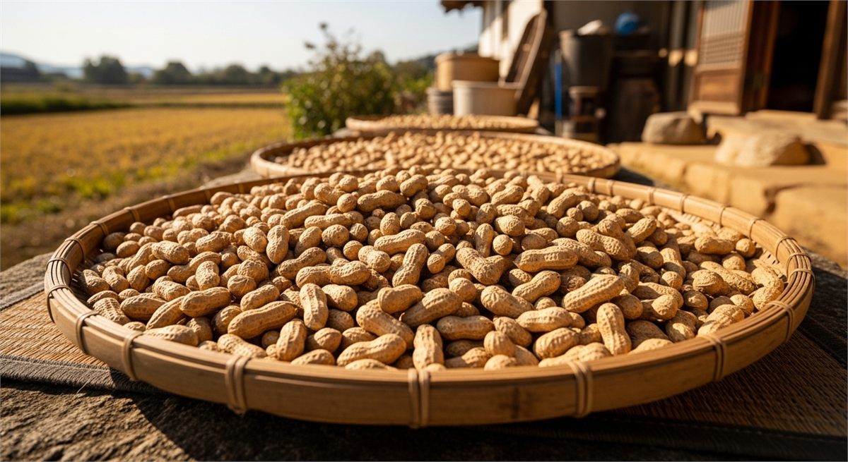 갓 수확한 땅콩을 바구니에 담아 말리는 장면