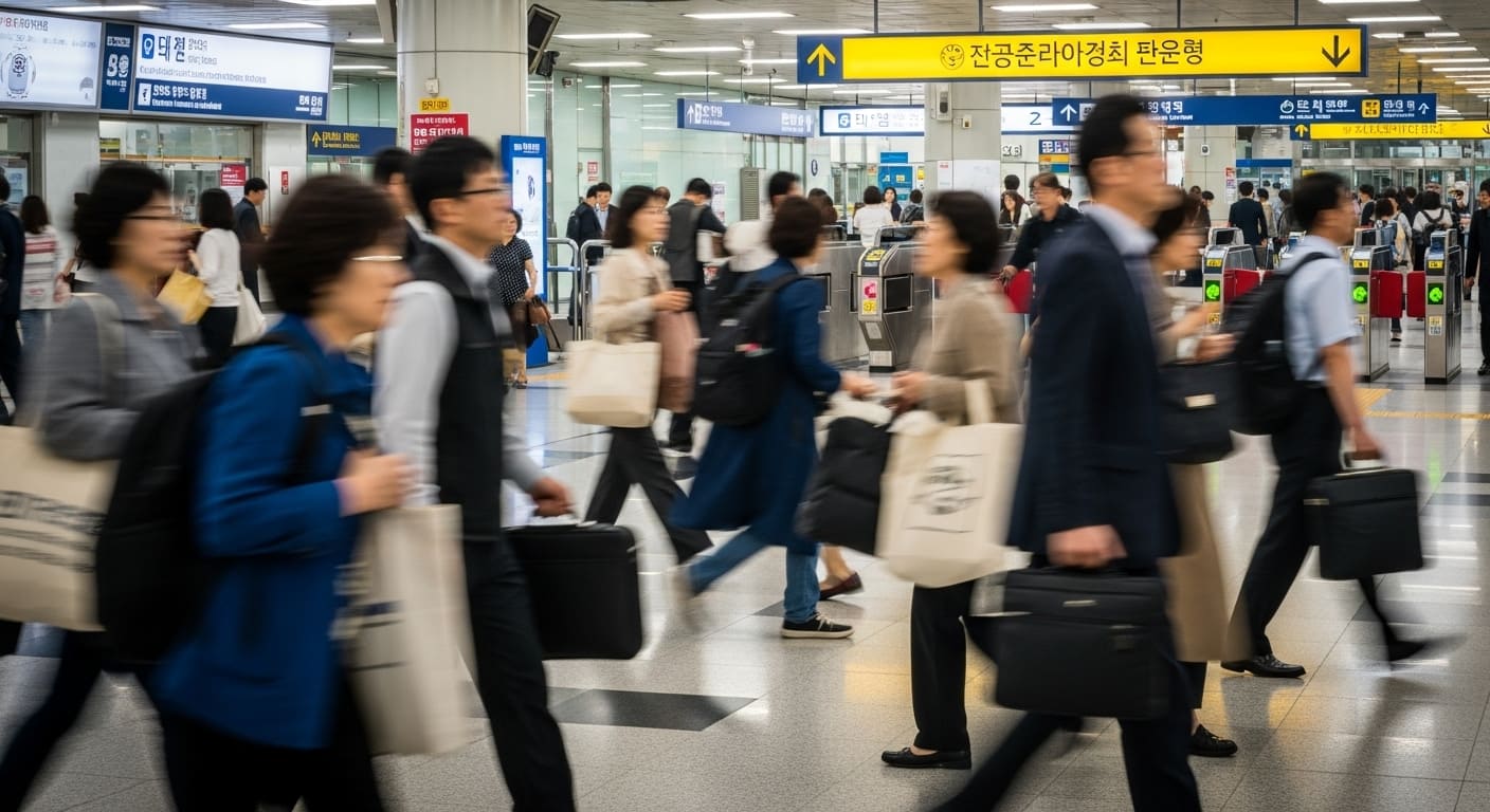 기차역 개찰구 앞을 빠르게 이동하는 출근길 승객들