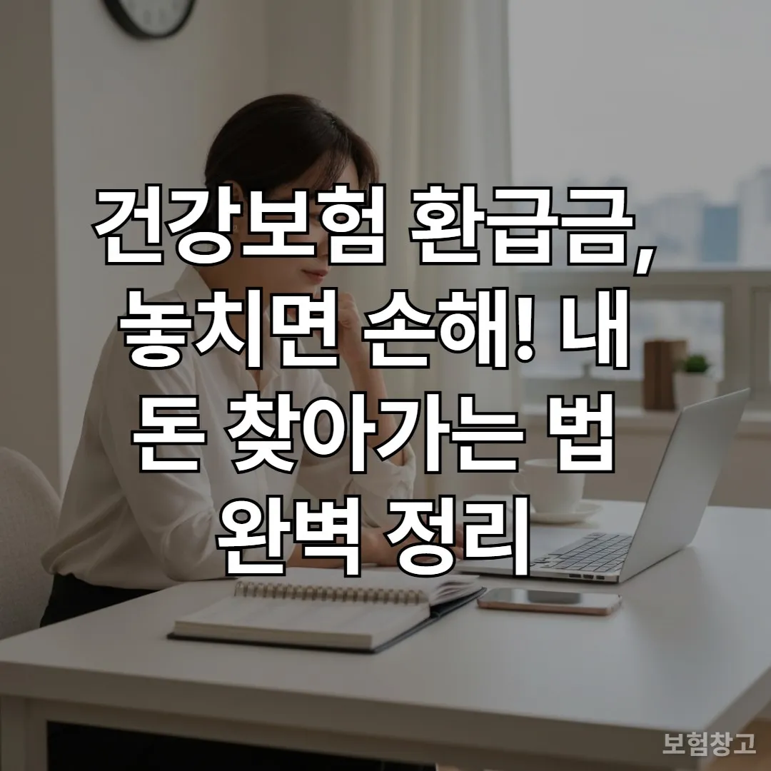 집에서 노트북으로 건강보험 환급금을 조회하며 안도하는 30대 한국 여성