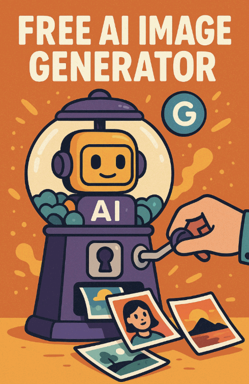 AI 이미지 생성기를 뽑기 기계처럼 표현한 일러스트. 손잡이를 돌리면 다양한 이미지가 나오는 모습.