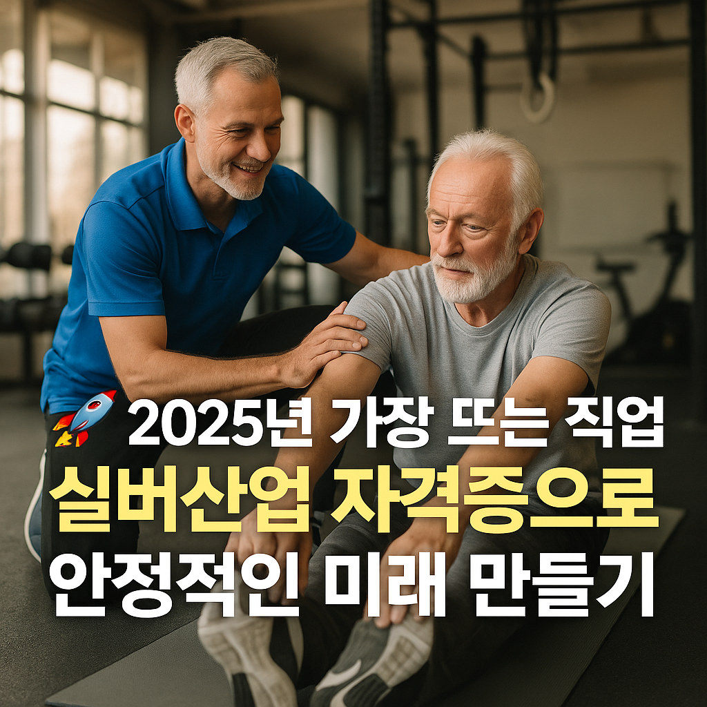 실버산업 자격증을 통해 안정적인 미래를 준비하는 중장년층 운동 지도 장면, 2025년 유망 직업 안내 썸네일 이미지