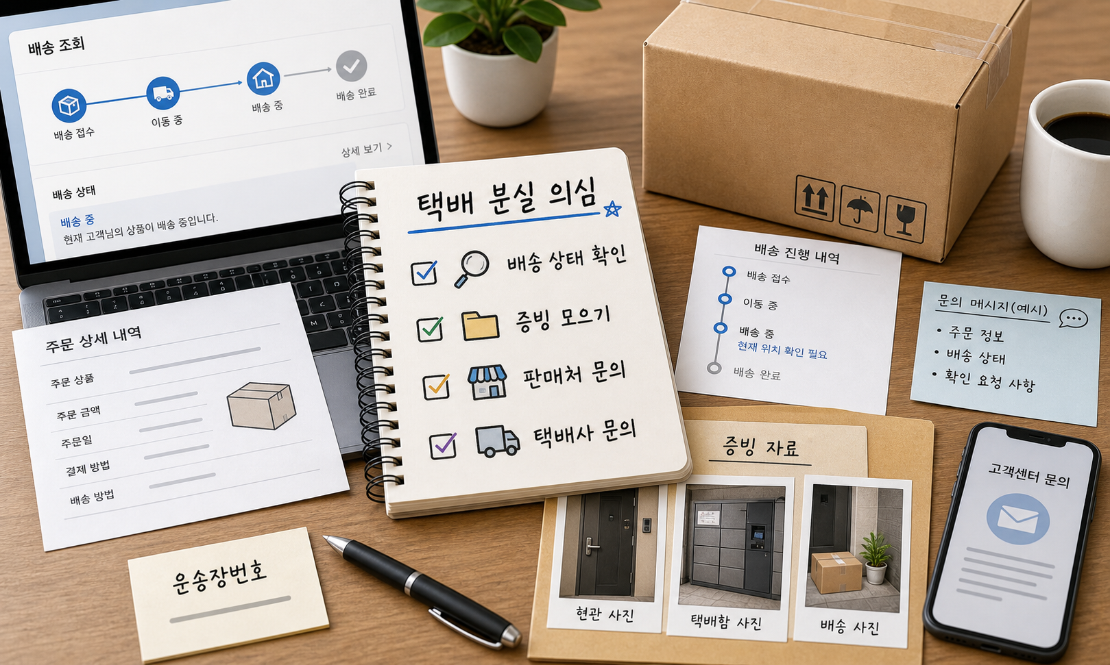 택배 배송 기록과 주문내역, 현관·택배함 사진을 모아 분실 문의를 준비하는 장면