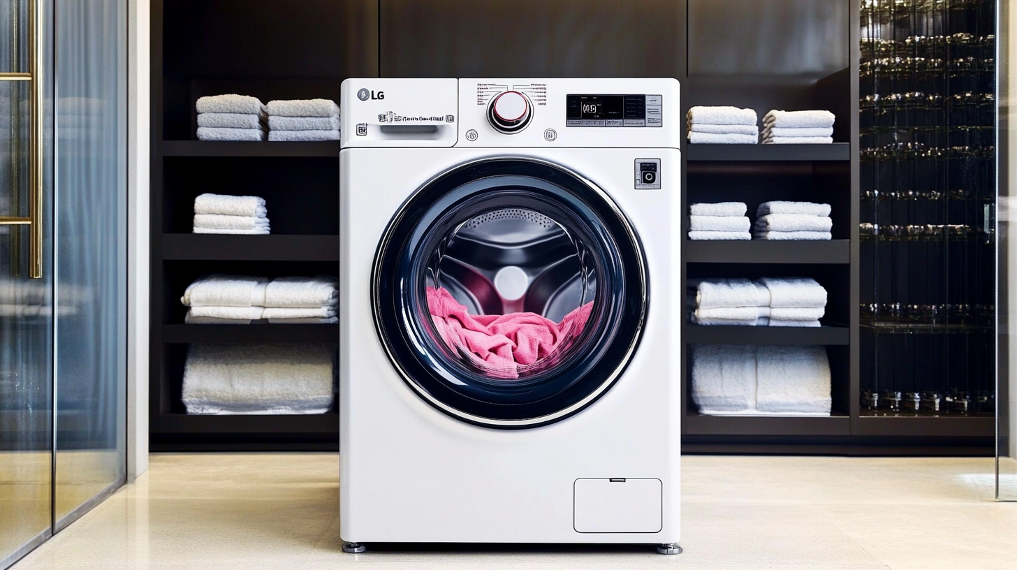 프리미엄 LG 세탁기가 고급스러운 세탁실에서 밝고 생생한 옷들을 효과적으로 회전하는 장면을 포착한 이미지입니다. 고급스러운 조명 아래, 프리미엄 품질로 촬영되었습니다.