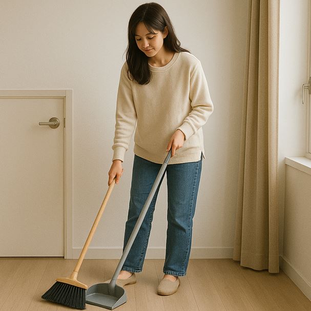 빗자루와 쓰레받이를 들고 바닥을 쓸고있는 모습