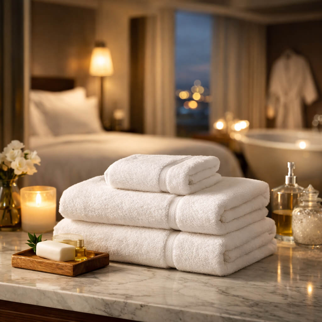 호텔 욕실 분위기 속 흰 수건 3장을 쌓아둔 호텔수건 대표 이미지