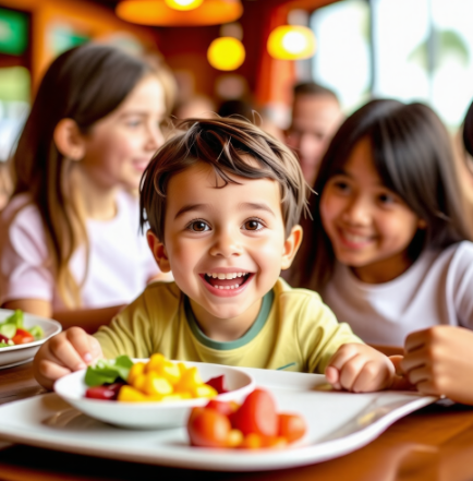 가족과 행복한 외식시간을 보내고있는 아이