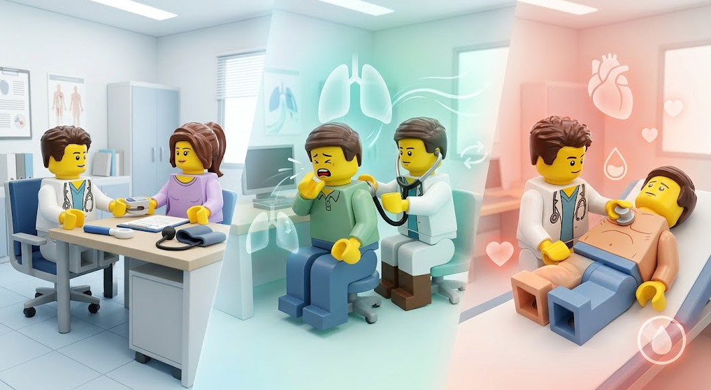 일반 내과, 호흡기 내과, 심장 내과 등 증상별 진료과 선택 상황을 비교한 3분할 3D 일러스트