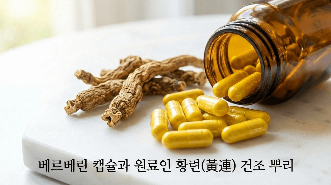 베르베린 캡슐과 황련 원물이 나란히 놓인 이미지