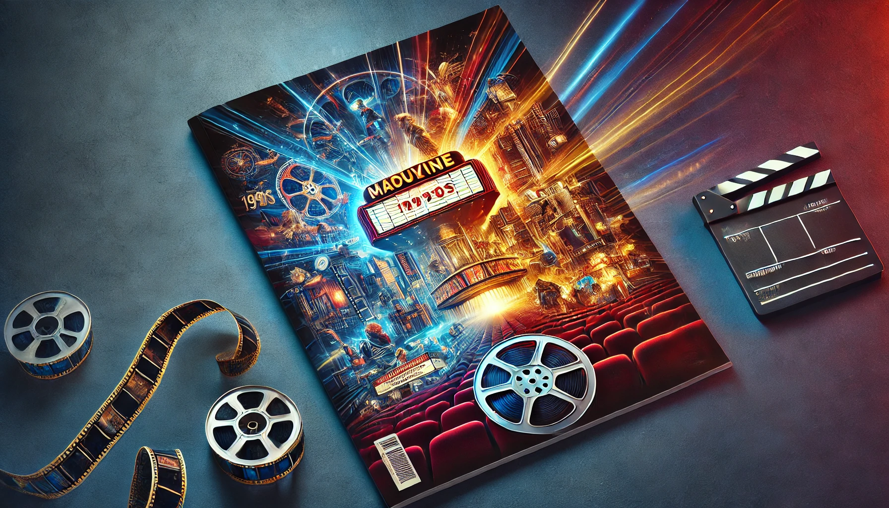 공상과학 영화 포스터 처럼 생긴게 책상위에 영화 필름이랑 같이 있는 사진