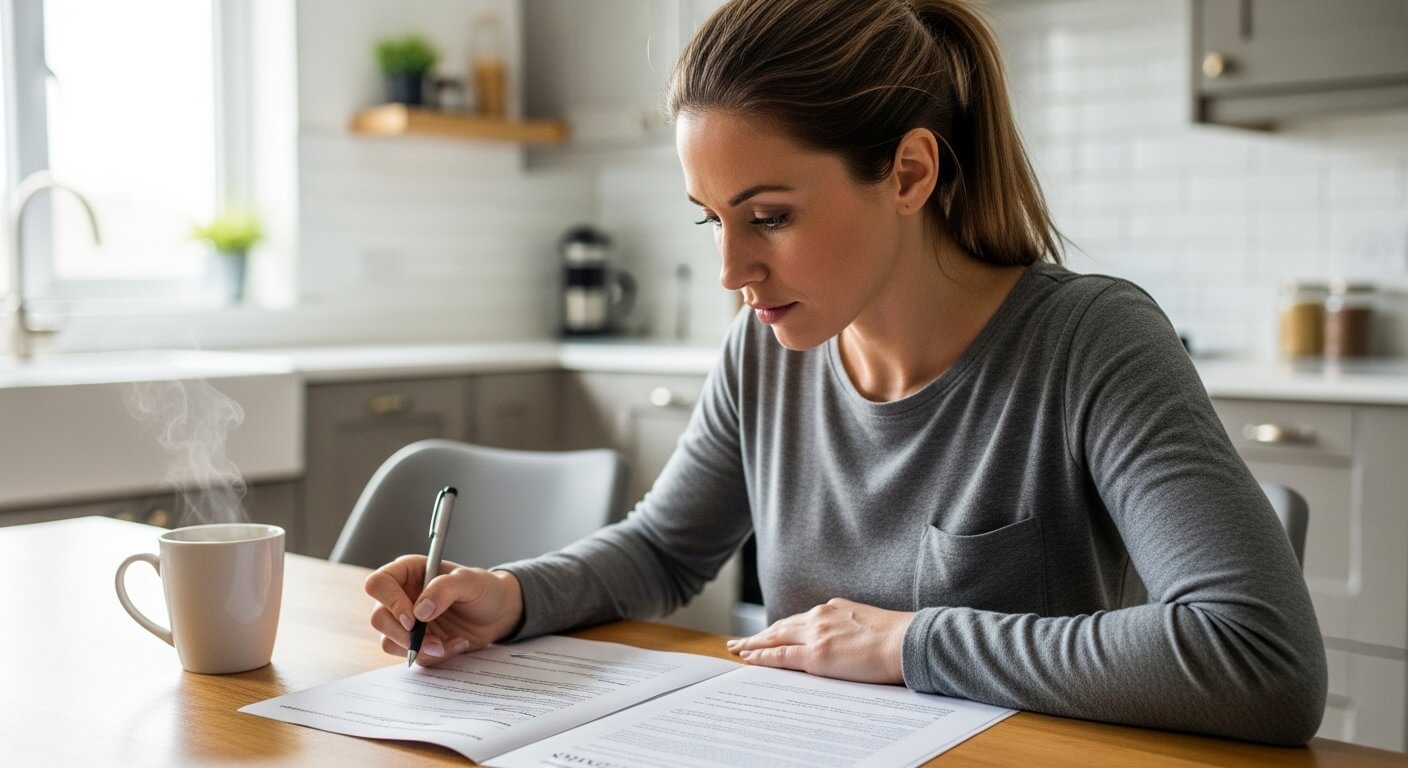 여성이 서류에 서명하며 재산세 납부 서류를 작성하는 장면