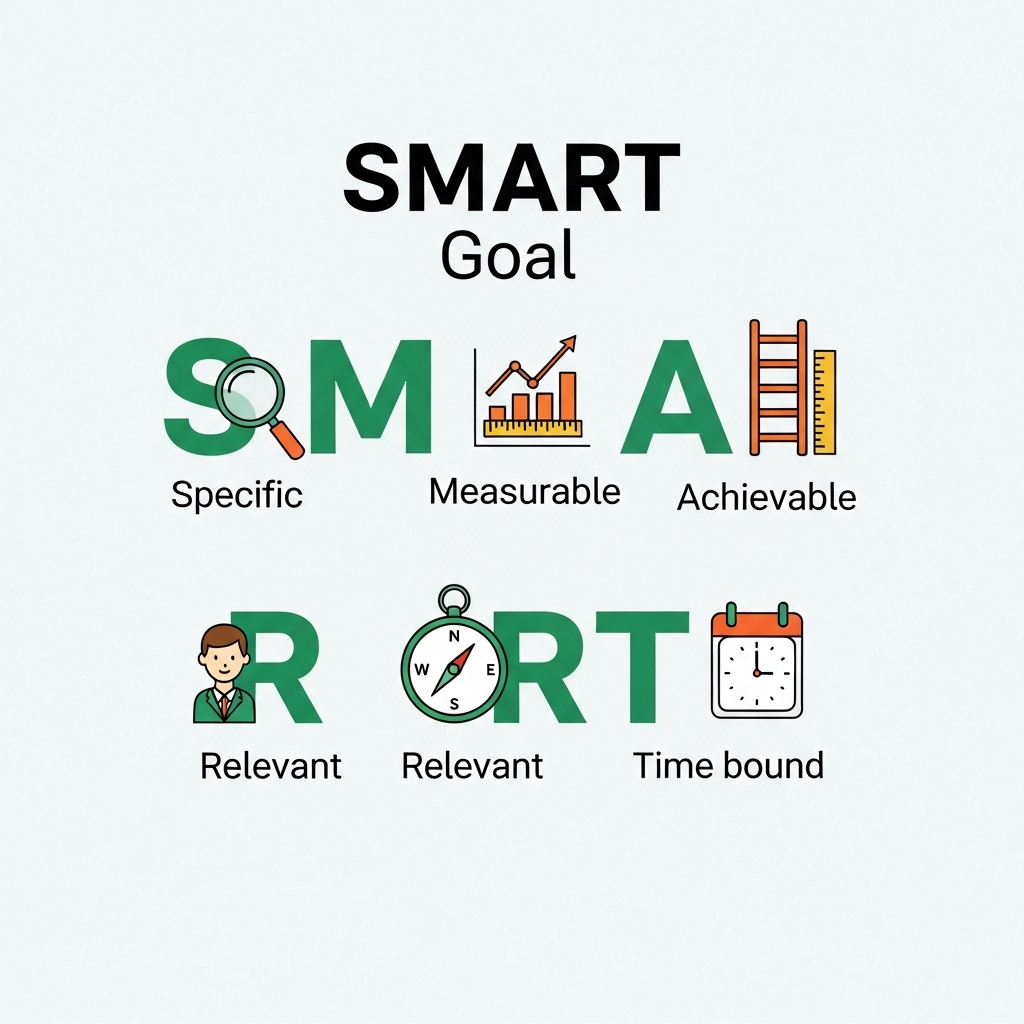 SMART 목표 설정 원칙을 상징하는 그래픽: 구체적, 측정 가능, 달성 가능, 관련성, 시간 제한.