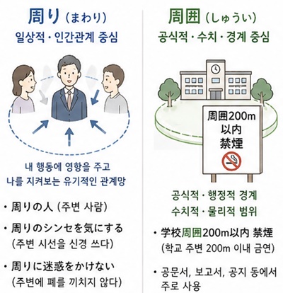 일본어 周り(まわり)와 周囲(まわり)의 차이 &mdash; 인간관계 중심의 주변과 공식적 공간 범위 비교
