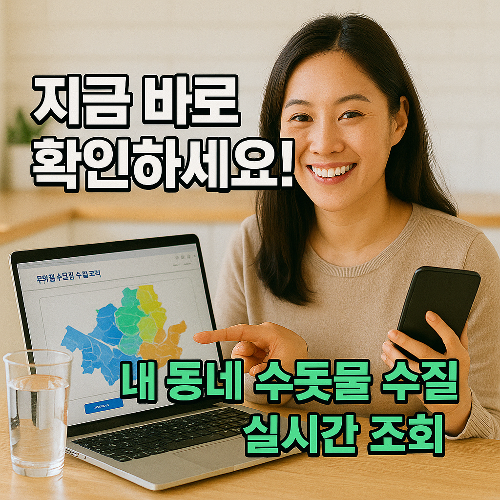 노트북 화면을 가리키며 수질 정보를 확인하는 여성