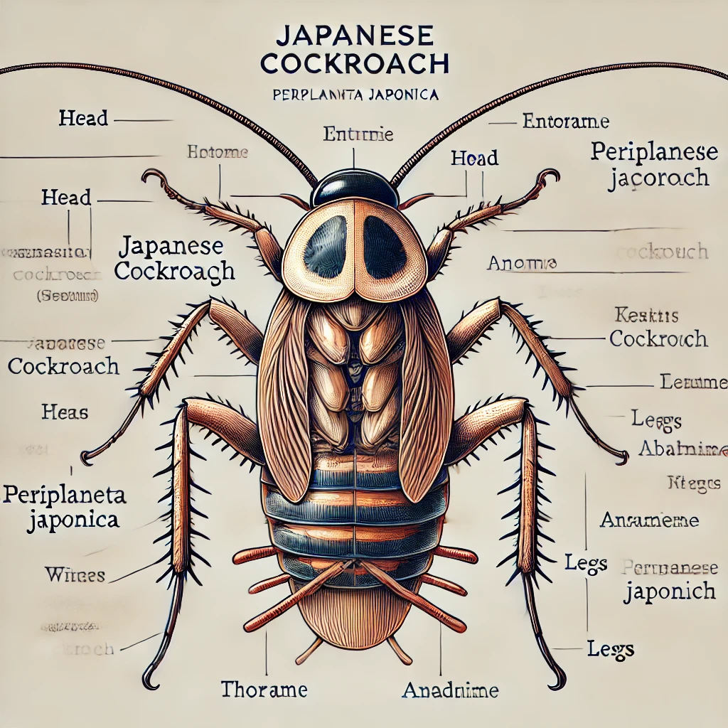 일본바퀴(Periplaneta japonica)의 해부학적 구조를 보여주는 이미지로, 머리, 더듬이, 흉부, 복부, 다리, 날개 등의 주요 부위가 명확히 라벨링된 교육용 일러스트.