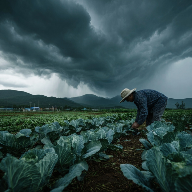 비오기전 배추를 만져주는 모습