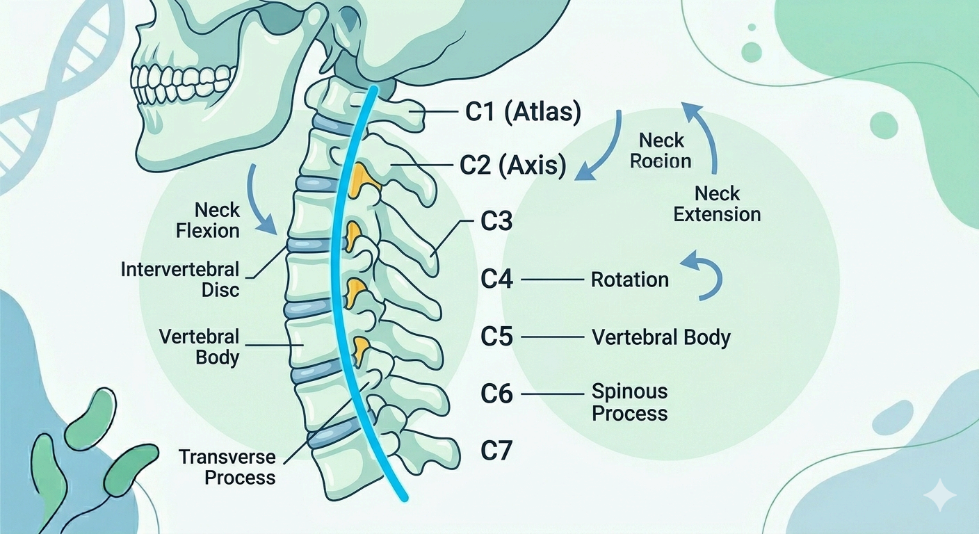 인간 경추 목뼈 C자 만곡 전만 곡선 환추 축추 7개 뼈 해부학 인포그래픽