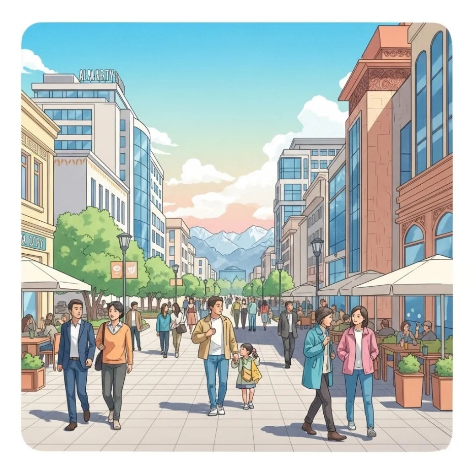 알마티 도심의 활기찬 거리 풍경